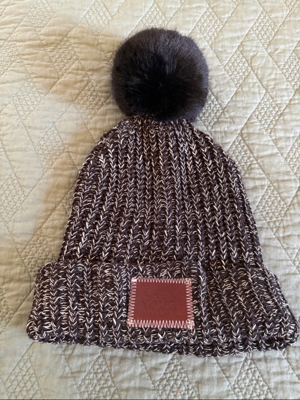 NWOT love your melon black knit beanie with faux fur pomFur Pom
